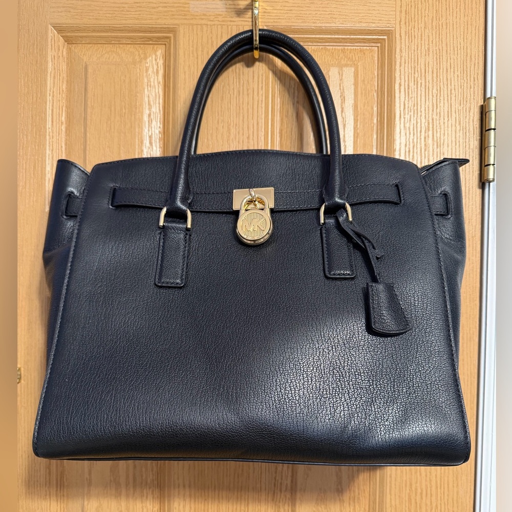 Black Leather Handbag with Gold Accents